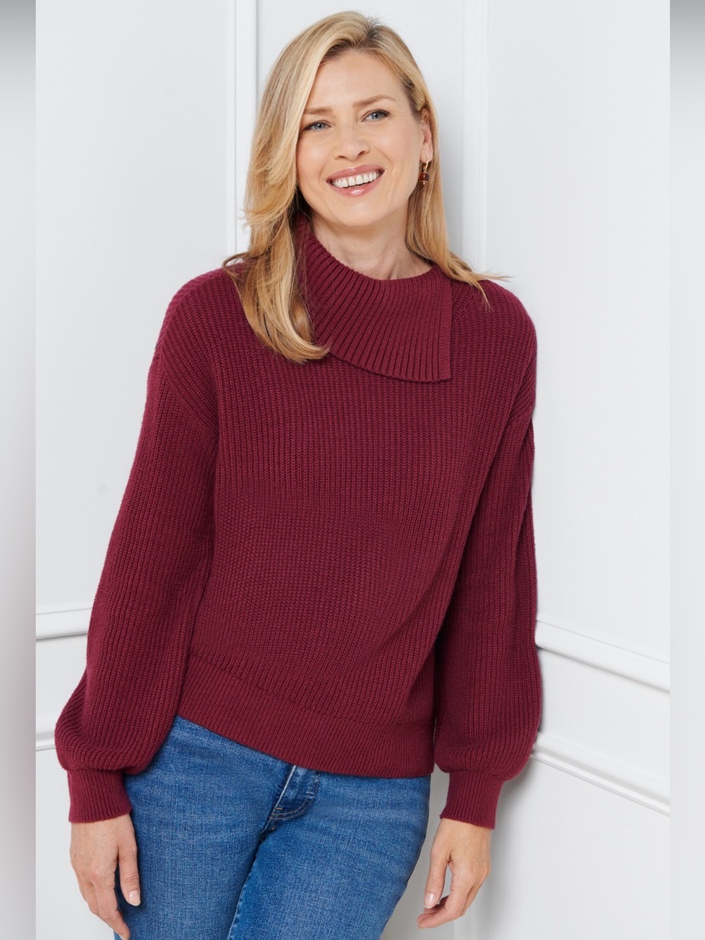 Talbots Shaker Stitch Split Neck Sweater Burgundy Size 1XP